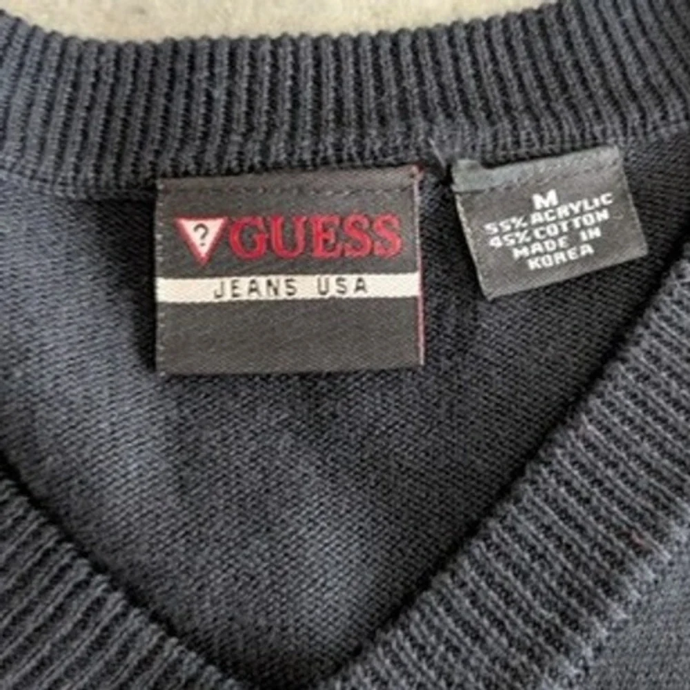 Vintage 1990's Guess Jeans Black and White Stripe V-Neck Sweater Men's‎ Medium - Picture 2 of 3